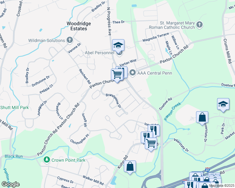 map of restaurants, bars, coffee shops, grocery stores, and more near 2224 Concord Circle in Harrisburg
