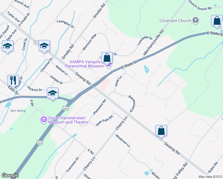 map of restaurants, bars, coffee shops, grocery stores, and more near 3205 Brentwood Drive in Doylestown