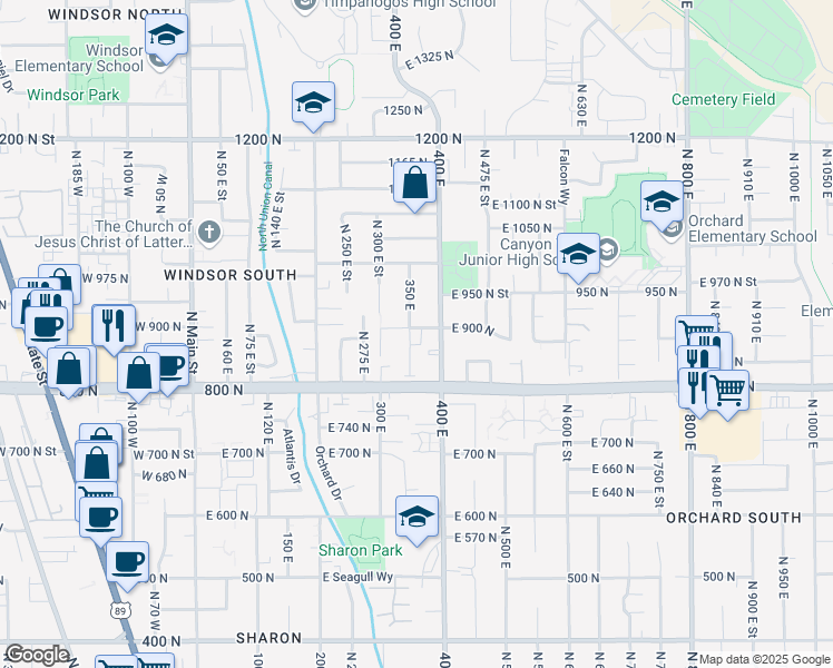 map of restaurants, bars, coffee shops, grocery stores, and more near 362 East 900 North in Orem