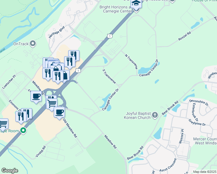 map of restaurants, bars, coffee shops, grocery stores, and more near 504 Carnegie Center in Princeton