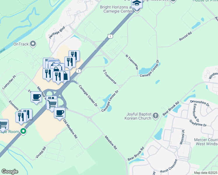 map of restaurants, bars, coffee shops, grocery stores, and more near 504 Carnegie Center in Princeton