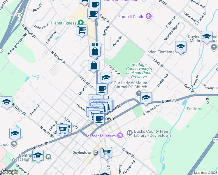 map of restaurants, bars, coffee shops, grocery stores, and more near 127 East Court Street in Doylestown