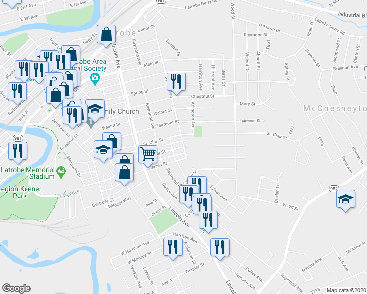 map of restaurants, bars, coffee shops, grocery stores, and more near 799 Lehmer Street in Latrobe