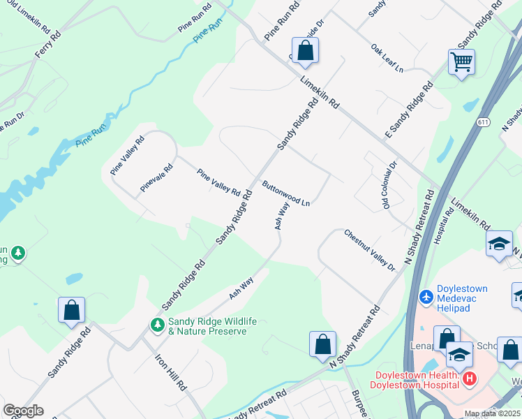 map of restaurants, bars, coffee shops, grocery stores, and more near 559 West Sandy Ridge Road in Doylestown