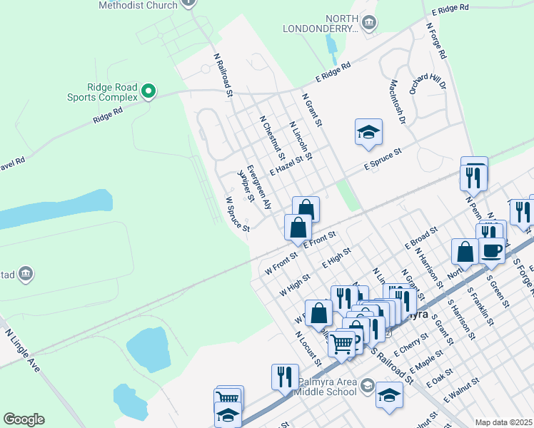 map of restaurants, bars, coffee shops, grocery stores, and more near 16 Juniper Street in Palmyra