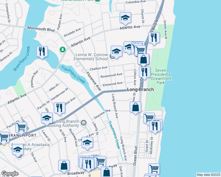 map of restaurants, bars, coffee shops, grocery stores, and more near 240 Long Branch Avenue in Long Branch