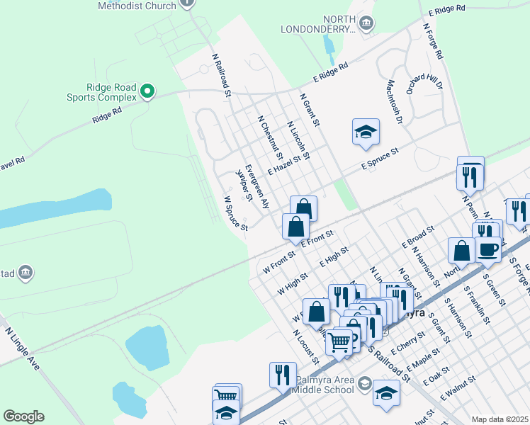 map of restaurants, bars, coffee shops, grocery stores, and more near 16 Juniper Street in Palmyra