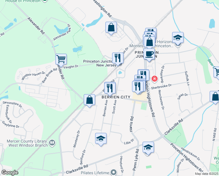 map of restaurants, bars, coffee shops, grocery stores, and more near 39 Wallace Road in West Windsor Township