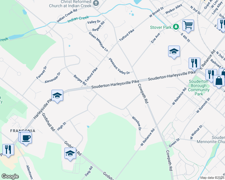 map of restaurants, bars, coffee shops, grocery stores, and more near 234 Harleysville Pike in Souderton