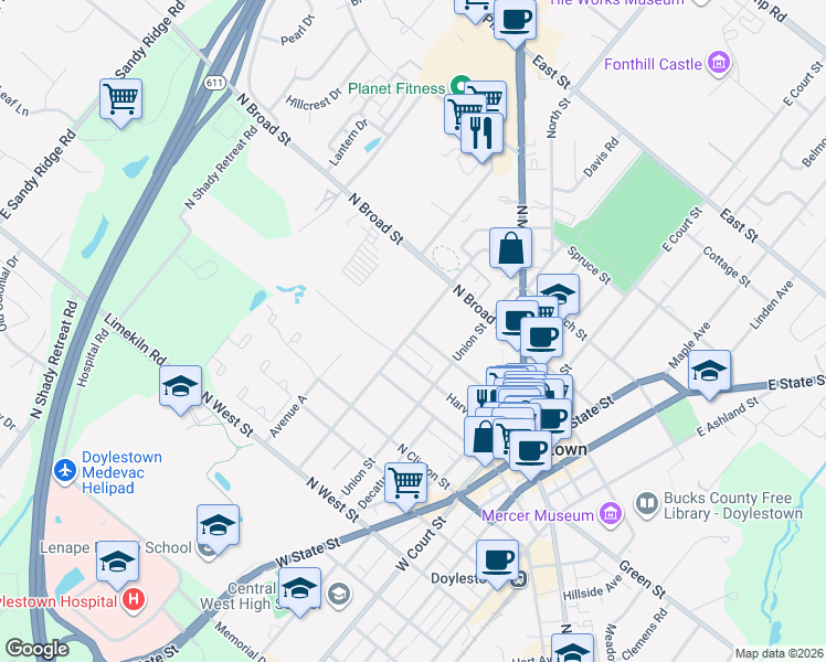 map of restaurants, bars, coffee shops, grocery stores, and more near 205 Doyle Street in Doylestown