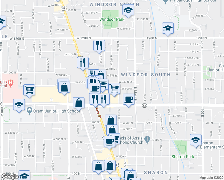 map of restaurants, bars, coffee shops, grocery stores, and more near 135 West 930 North Street in Orem