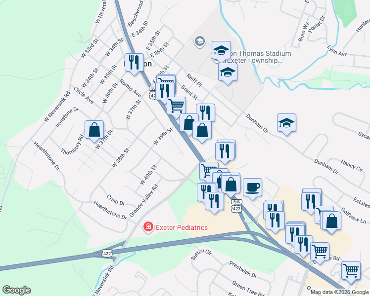 map of restaurants, bars, coffee shops, grocery stores, and more near 3933 Perkiomen Avenue in Reading