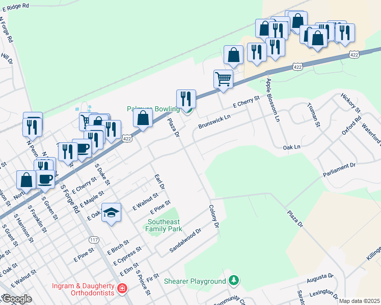 map of restaurants, bars, coffee shops, grocery stores, and more near 132 Plaza Drive in Palmyra