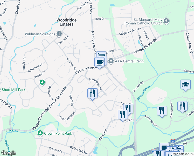 map of restaurants, bars, coffee shops, grocery stores, and more near 2201 Paxton Church Road in Harrisburg