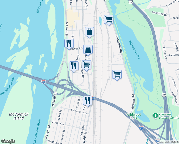 map of restaurants, bars, coffee shops, grocery stores, and more near 3923 North 6th Street in Harrisburg