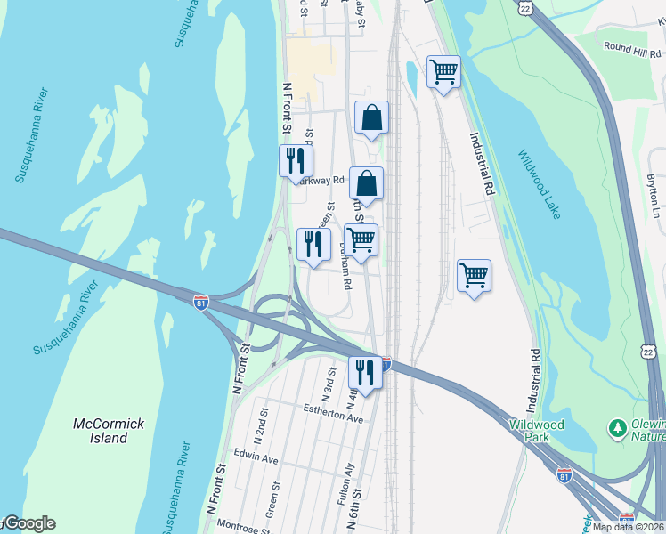 map of restaurants, bars, coffee shops, grocery stores, and more near 3912 Durham Road in Harrisburg