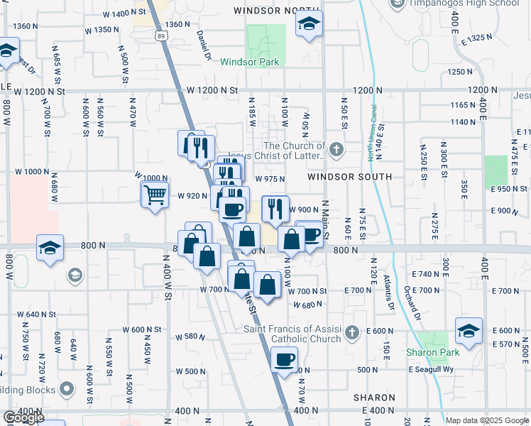 map of restaurants, bars, coffee shops, grocery stores, and more near 145 West 905 North in Orem