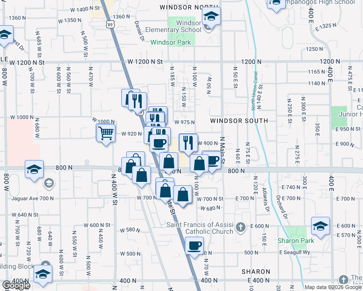 map of restaurants, bars, coffee shops, grocery stores, and more near 135 West 930 North Street in Orem