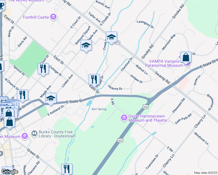 map of restaurants, bars, coffee shops, grocery stores, and more near 10 Hickory Drive in Doylestown