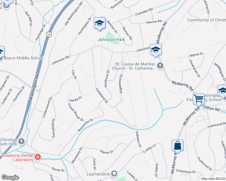map of restaurants, bars, coffee shops, grocery stores, and more near 2475 Southvue Drive in Pittsburgh