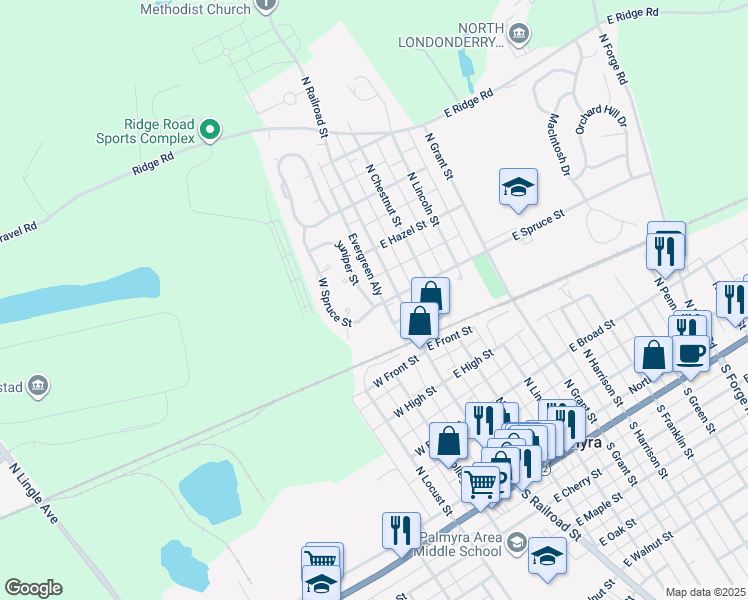 map of restaurants, bars, coffee shops, grocery stores, and more near 24 Juniper Street in Palmyra