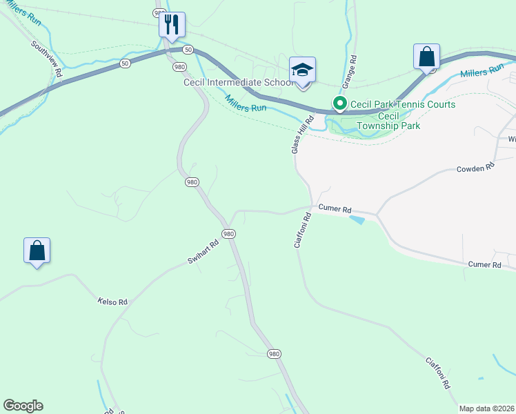 map of restaurants, bars, coffee shops, grocery stores, and more near 29 Vincenty Road in Canonsburg