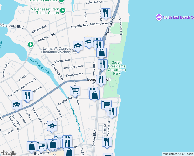 map of restaurants, bars, coffee shops, grocery stores, and more near 238 Ocean Boulevard North in Long Branch