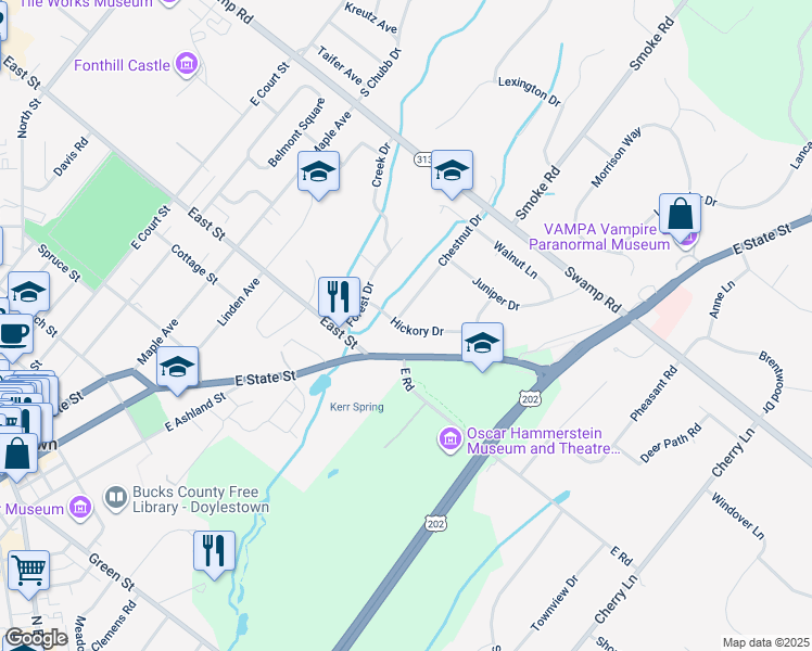 map of restaurants, bars, coffee shops, grocery stores, and more near 15 Hickory Drive in Doylestown