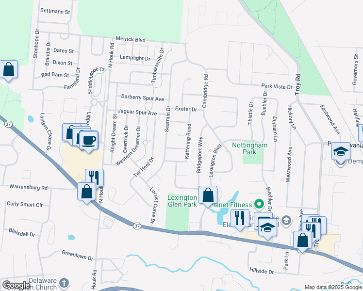 map of restaurants, bars, coffee shops, grocery stores, and more near 108 Camden Lane in Delaware