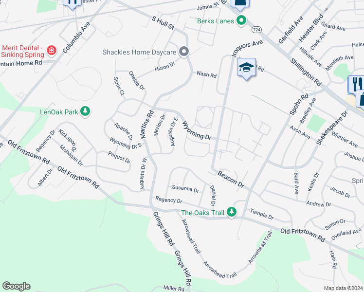 map of restaurants, bars, coffee shops, grocery stores, and more near 415 Augusta Drive East in Sinking Spring