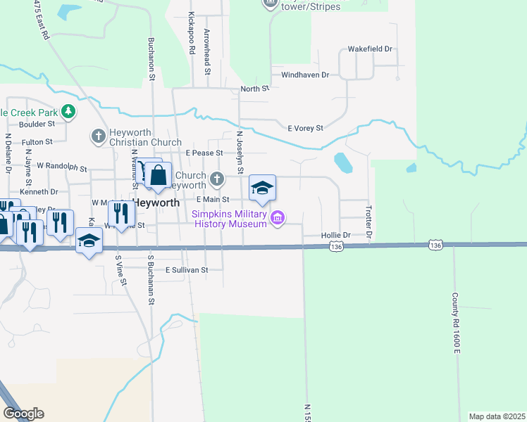 map of restaurants, bars, coffee shops, grocery stores, and more near 100 South Joselyn Street in Heyworth