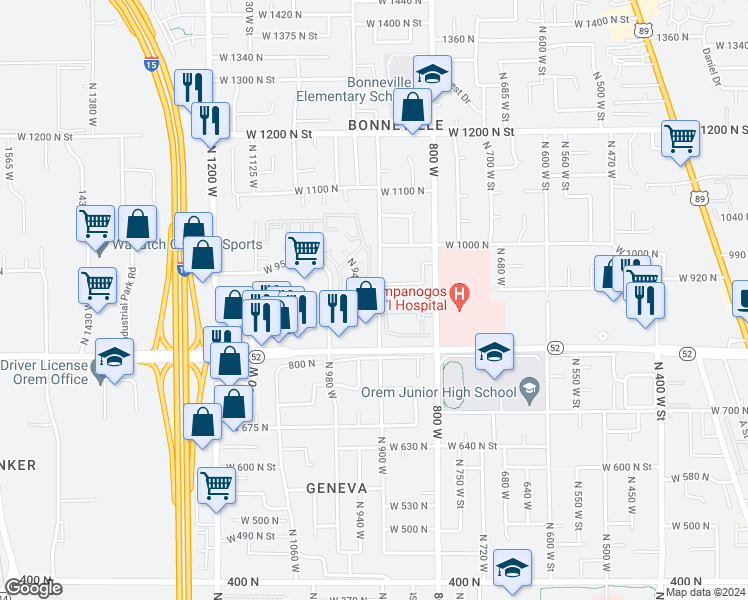 map of restaurants, bars, coffee shops, grocery stores, and more near 881 North 900 West Street in Orem