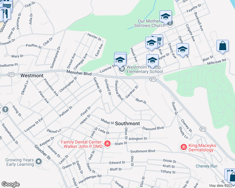 map of restaurants, bars, coffee shops, grocery stores, and more near 711 Diamond Boulevard in Johnstown