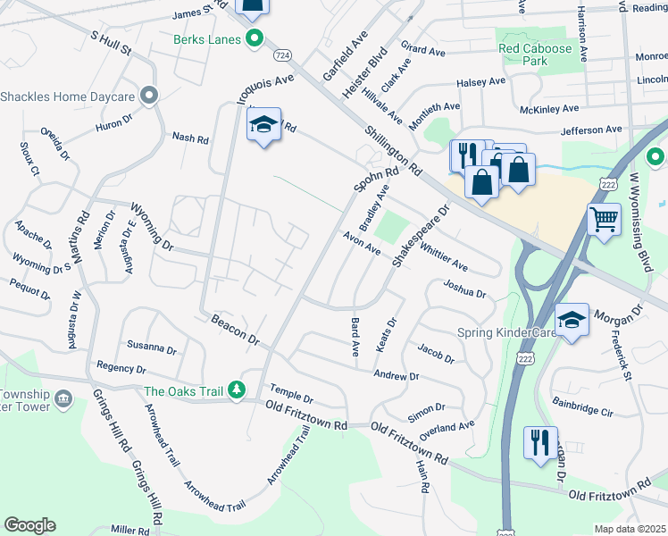 map of restaurants, bars, coffee shops, grocery stores, and more near 219 Spohn Road in Reading
