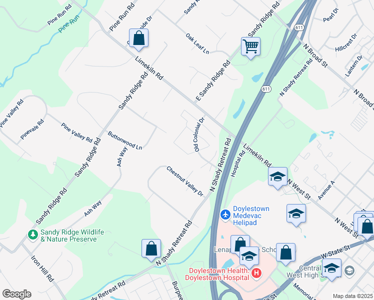 map of restaurants, bars, coffee shops, grocery stores, and more near 106 Providence Avenue in Doylestown
