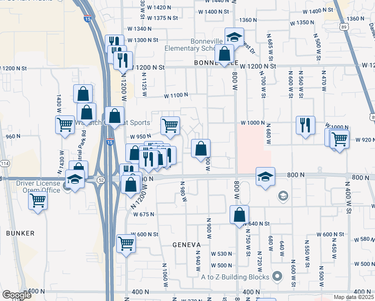 map of restaurants, bars, coffee shops, grocery stores, and more near 896 North 940 West in Orem