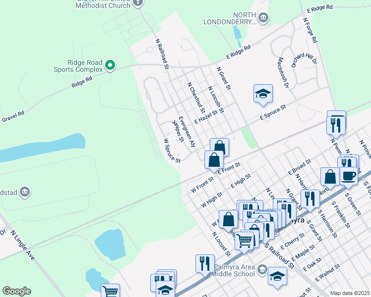 map of restaurants, bars, coffee shops, grocery stores, and more near 24 Juniper Street in Palmyra