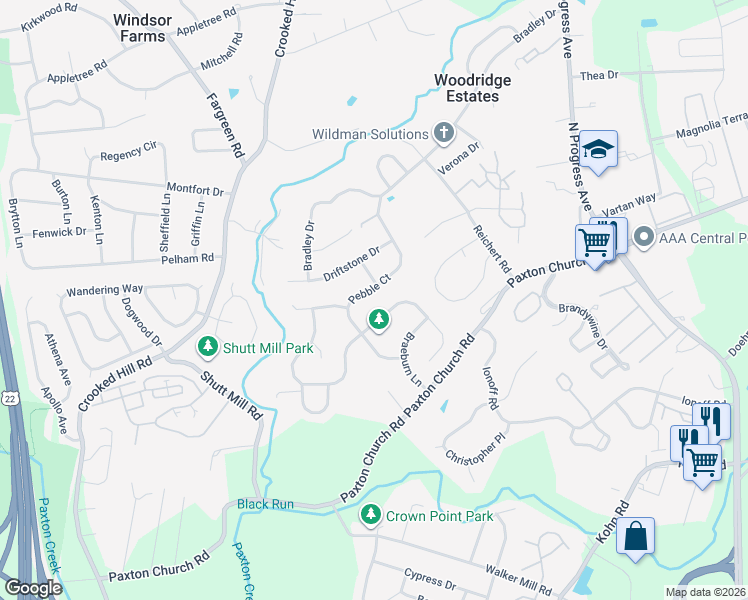 map of restaurants, bars, coffee shops, grocery stores, and more near 3600 Quarry Drive in Harrisburg