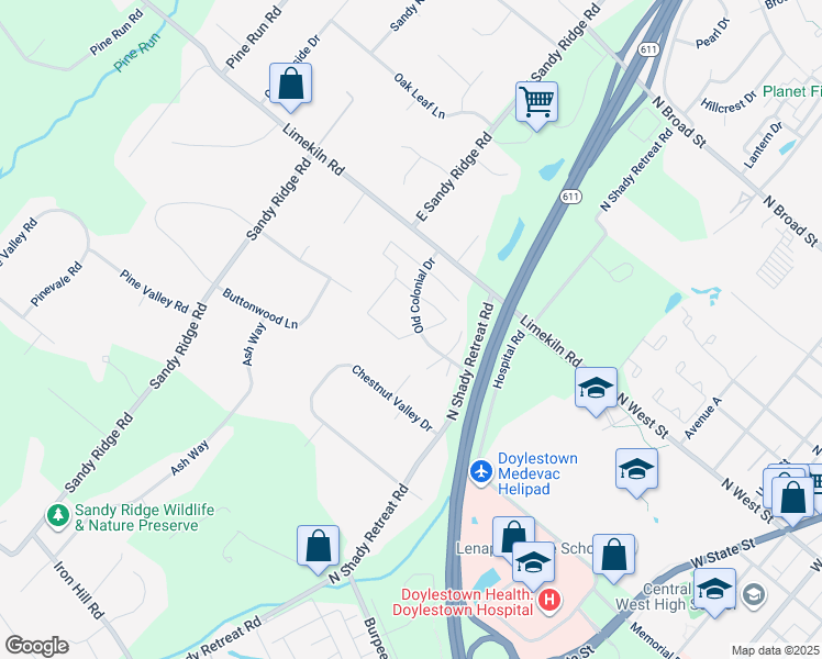 map of restaurants, bars, coffee shops, grocery stores, and more near 118 Providence Avenue in Doylestown