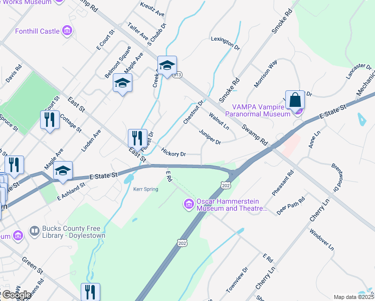 map of restaurants, bars, coffee shops, grocery stores, and more near 15 Hickory Drive in Doylestown