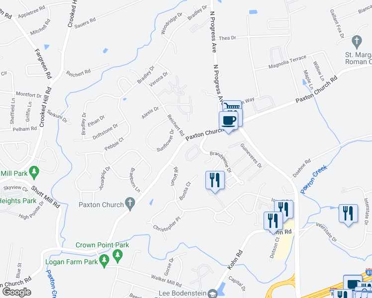 map of restaurants, bars, coffee shops, grocery stores, and more near 2126 Saint Clair Court in Harrisburg