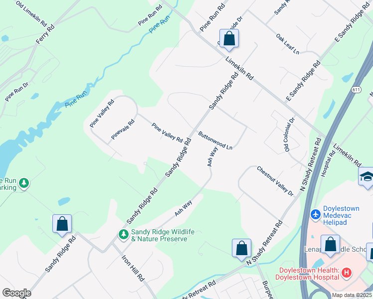 map of restaurants, bars, coffee shops, grocery stores, and more near 559 West Sandy Ridge Road in Doylestown