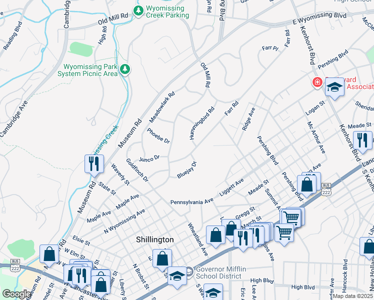 map of restaurants, bars, coffee shops, grocery stores, and more near 1705 Farr Road in Wyomissing