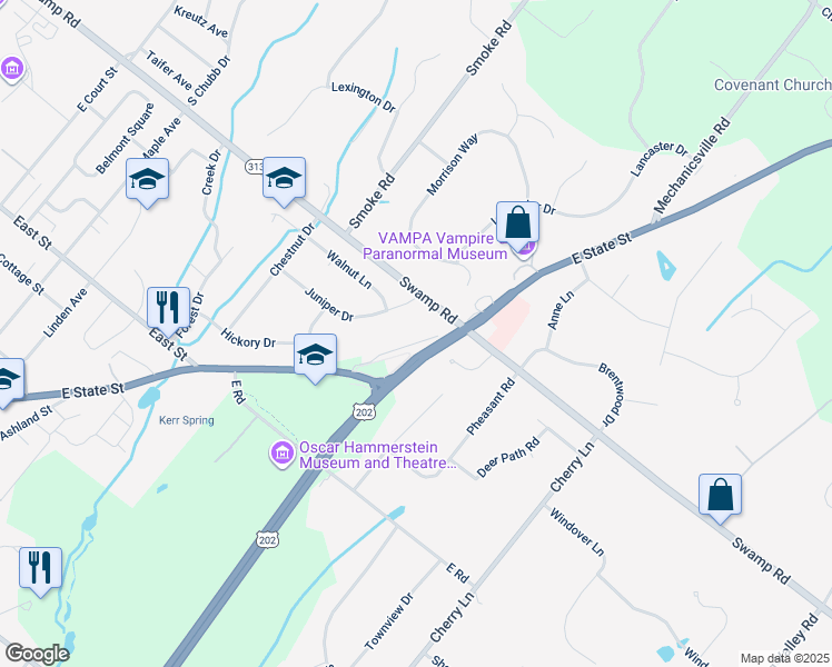 map of restaurants, bars, coffee shops, grocery stores, and more near 6 Cedar Lane in Doylestown