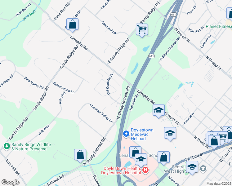 map of restaurants, bars, coffee shops, grocery stores, and more near 33 Carriage Drive in Doylestown
