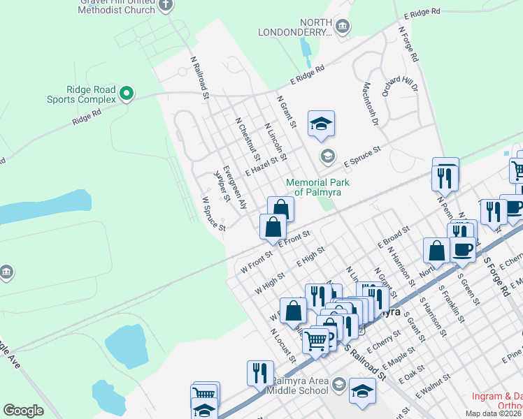 map of restaurants, bars, coffee shops, grocery stores, and more near 500 North Railroad Street in Palmyra