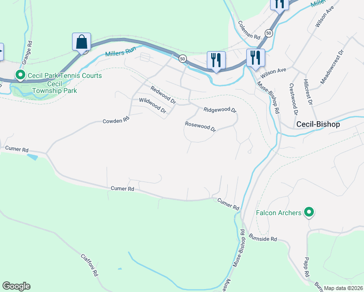map of restaurants, bars, coffee shops, grocery stores, and more near 309 Rosewood Drive in McDonald