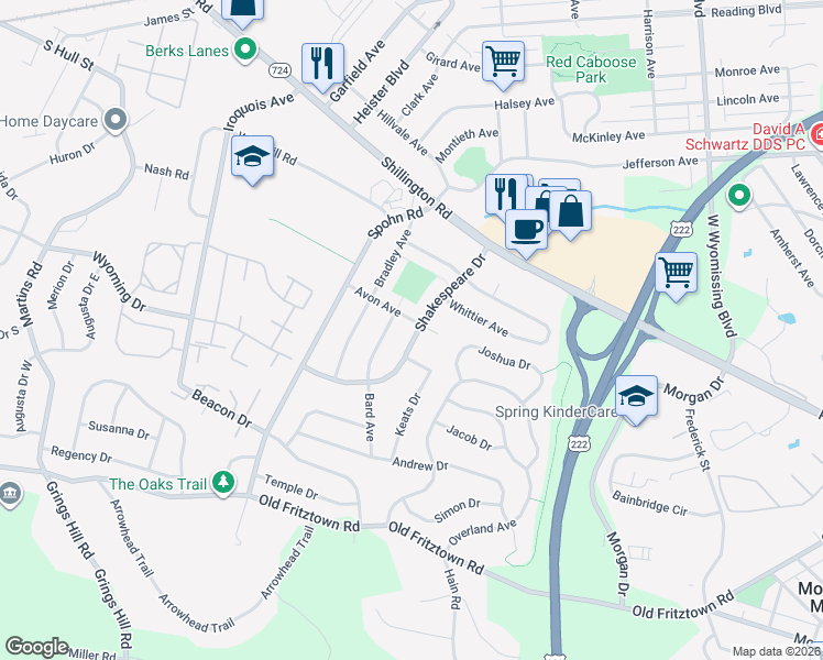 map of restaurants, bars, coffee shops, grocery stores, and more near 2700 Avon Avenue in Reading