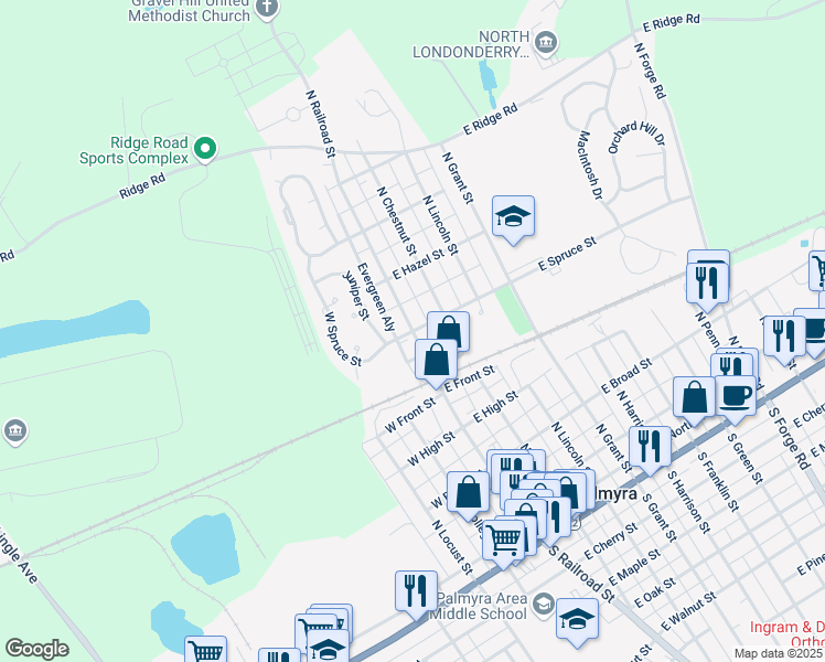 map of restaurants, bars, coffee shops, grocery stores, and more near 499 North Railroad Street in Palmyra