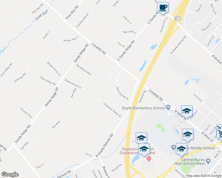 map of restaurants, bars, coffee shops, grocery stores, and more near 100 Providence Avenue in Doylestown